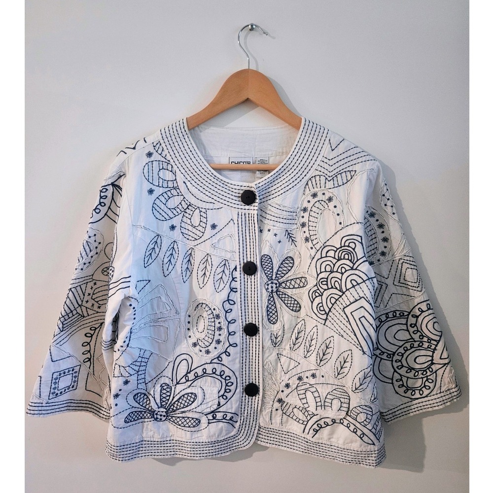 Chico's Embroidered Jacket Women Size 2 White Navy Blue Excellent Boho Artsy - Picture 2 of 7